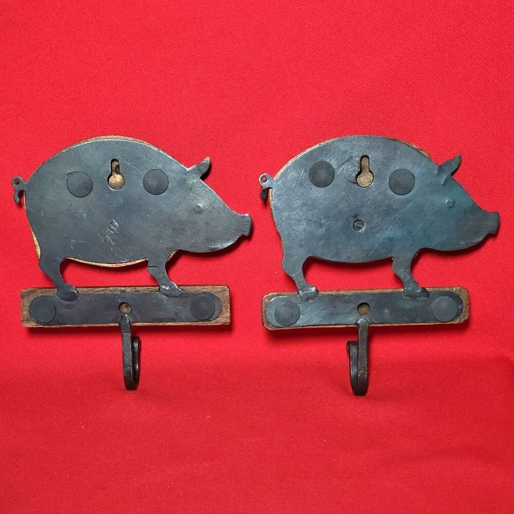 Vintage Wooden Steel Pig Hog Wall Hanging Decorative Kitchen Hook Set of 2